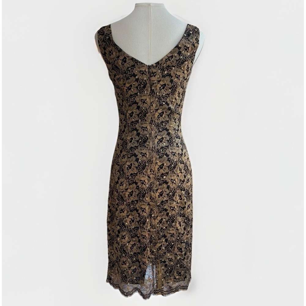 Mica Sleeveless Black Lace Cocktail Dress Sz 4 Sheath Gold Metallic Event Formal - Picture 5 of 16